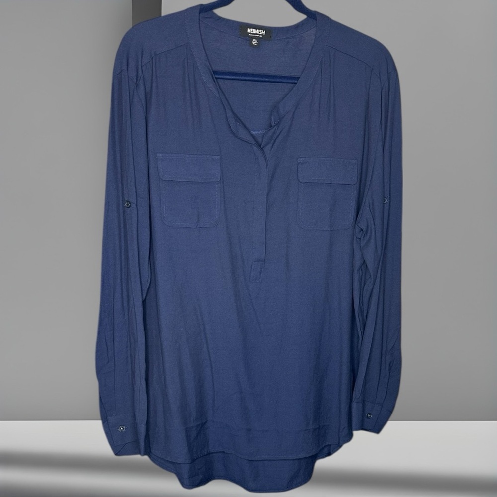 Long Sleeve Round Neck Button Down Blouse | Navy | 2X